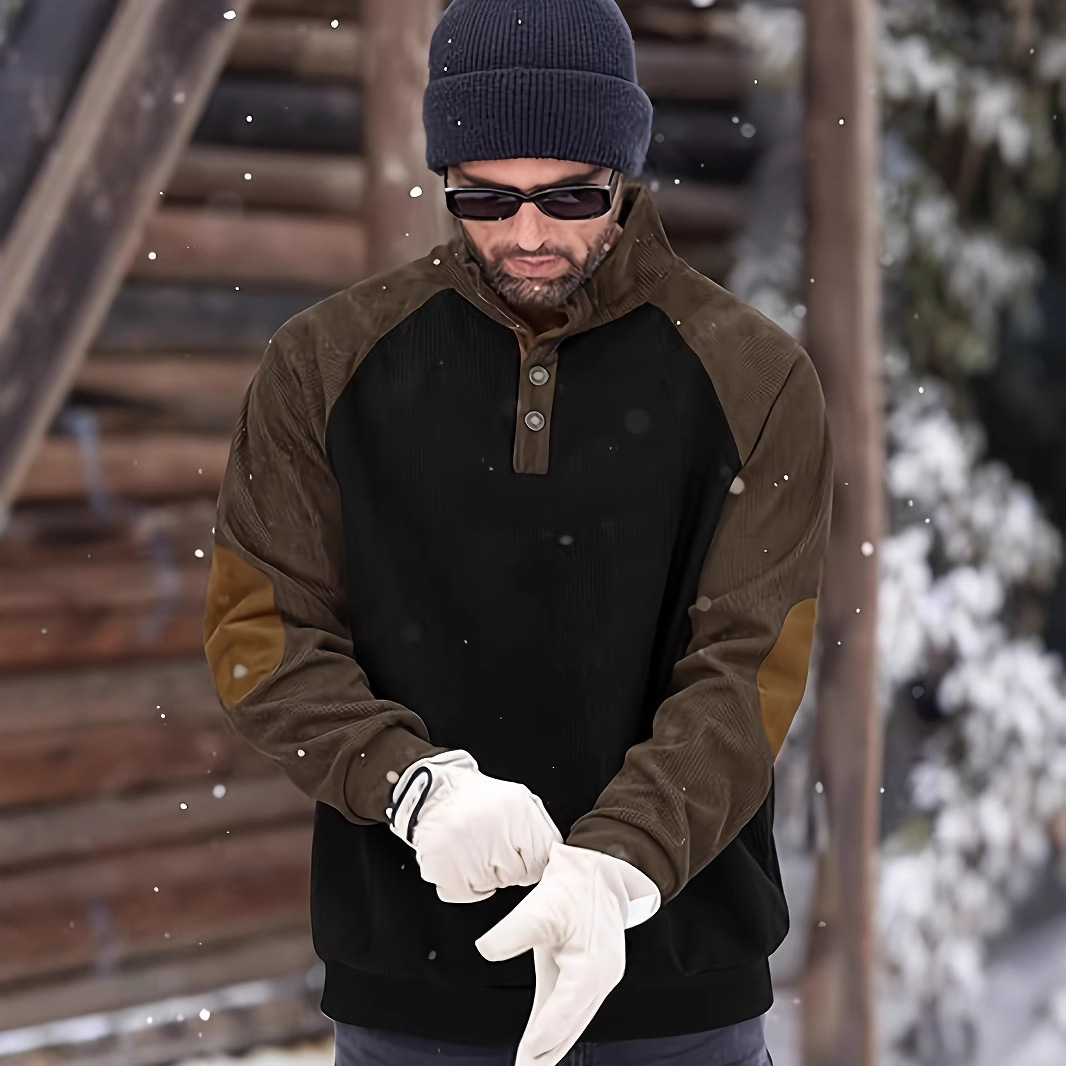 Men's Vintage Patchwork Henley &ndash; Rugged Outdoor Long Sleeve Top